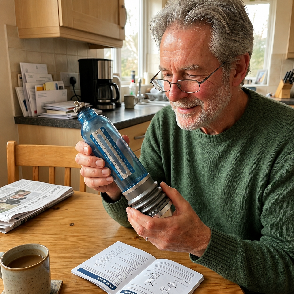 A man reviewing the Pump Power Pro device at home