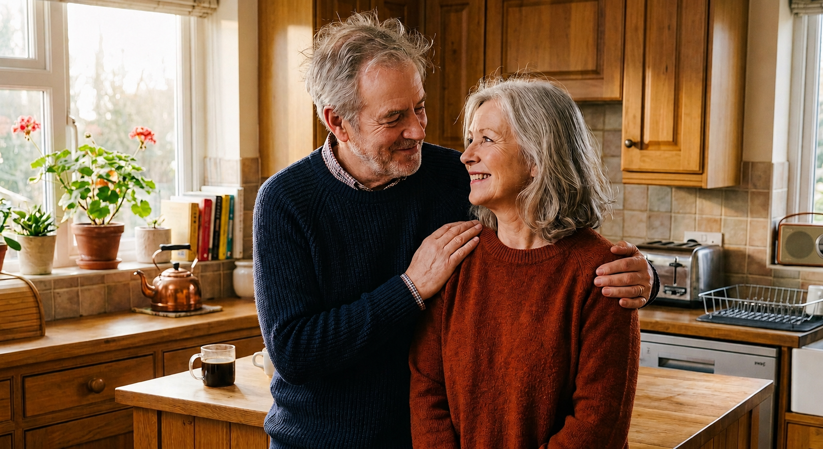 A married couple over 50 close together at home